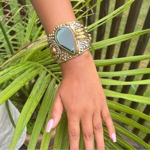 Large Polished Malachite Cuff Bracelet Welded Mixed Metal- Copper, Brass, Steel